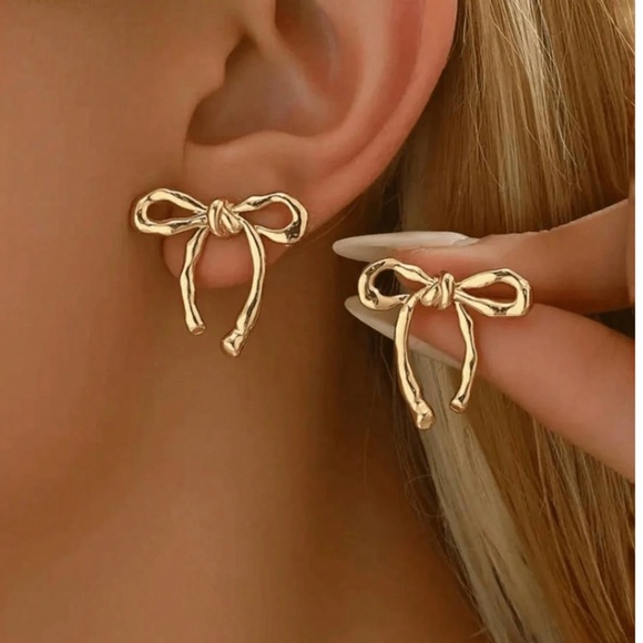 Yellow Gold Color Bow Earrings - Picture 1 of 5